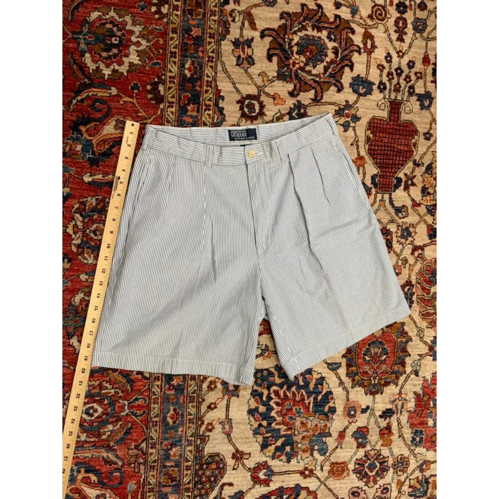 Polo Ralph Lauren Men’s Seersucker Pleated Shorts Size 34 Blue White Stripe Cott